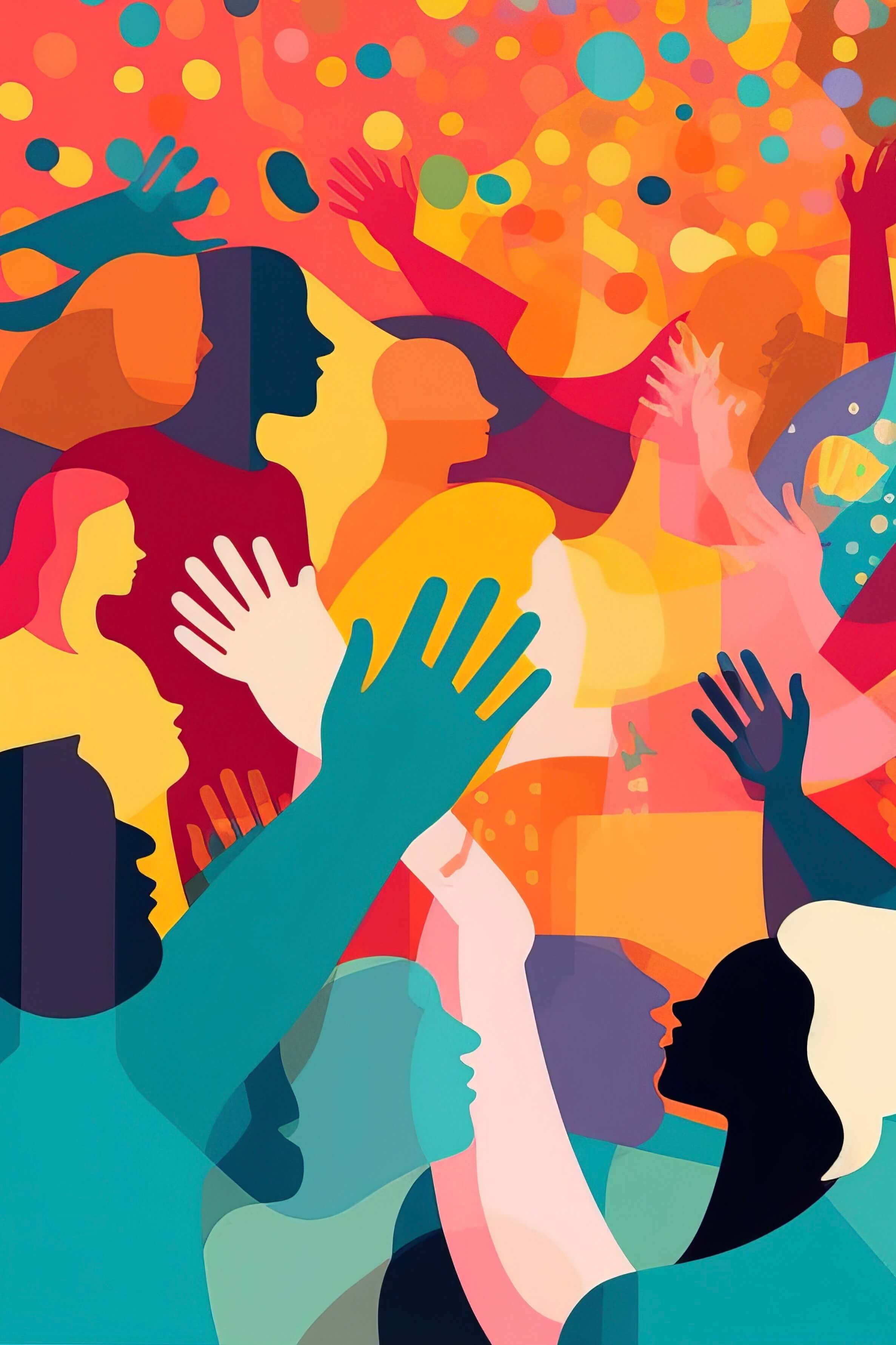 A colorful illustration of people raising their hands in a crowd
