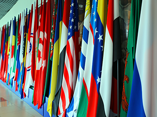 A row of flags from different countries lined up against a wall