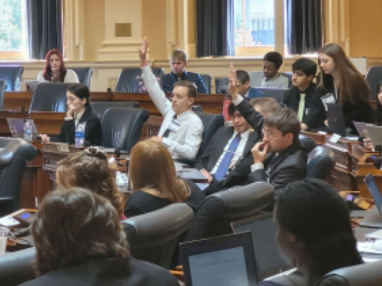 Democratic Delegates Riley Johnson and Jarret Lilly requested to speak (sitting and raising their right hands), as the rest of the Democratic Delegates sat in contemplation (screens/journals with information on HB 318).