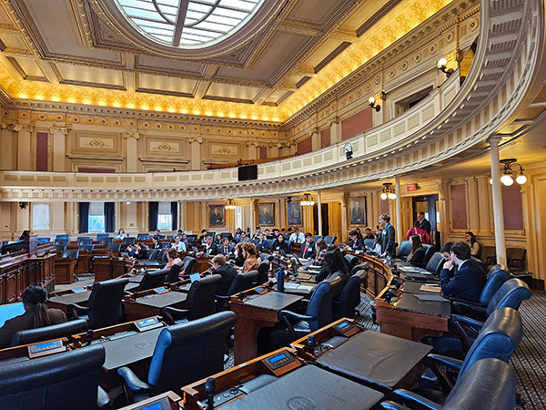 A group of students sit in the Virginia State Capitol chambers