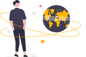 Illustration of a man standing beside a globe